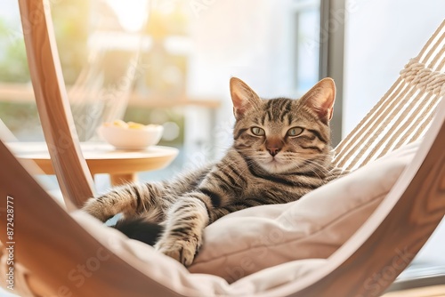 Relaxed tabby cat lounges in a cozy hammock chair, basking in warm sunlight.