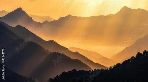 majestic mountain silhouettes bathed in golden sunset light evoking serenity and natural wonder