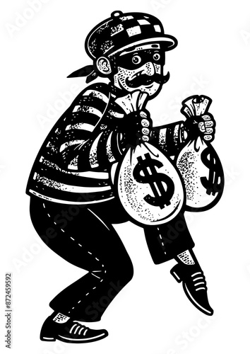 thief with stolen bags of money dollars sketch engraving PNG illustration. T-shirt apparel print design. Scratch board imitation. Black and white hand drawn image.