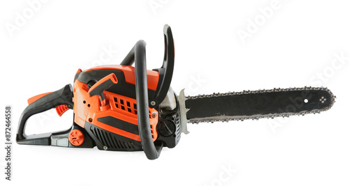 One electric chainsaw isolated on white. Wood cutting tool