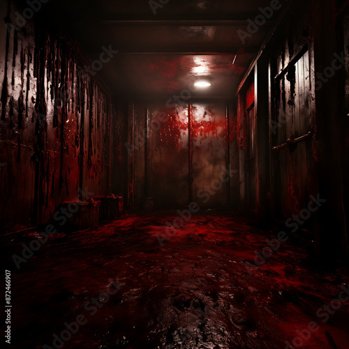 Bloody corridor. Horror scene. 3D rendering. Computer digital drawing.