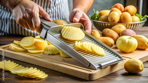 Slicing organic gold potatoes on a V-blade mandoline to prepare scalloped potatoes.