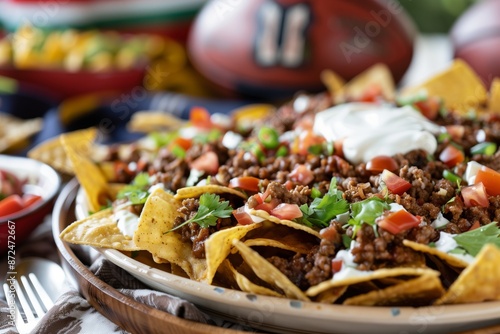 Close-up of loaded nachos on game day table topped with seasoned beef, melted cheese, and sour cream, perfect football party snack