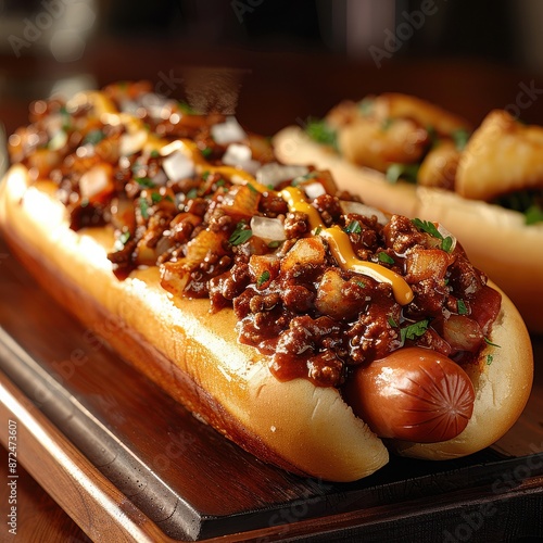 Gourmet chili cheese hotdog with diced onions and mustard on a wooden board, showcasing a delicious and appetizing comfort food delicacy