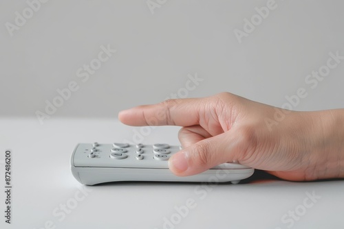 Closeup of finger pressing button on remote control