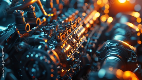 Close-up of a high-performance car engine with detailed components, showcasing engineering precision and automotive technology.