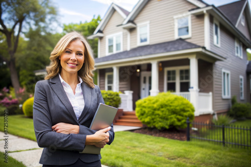 Confident female real estate agent standing in front of a beautiful home, holding a tablet.