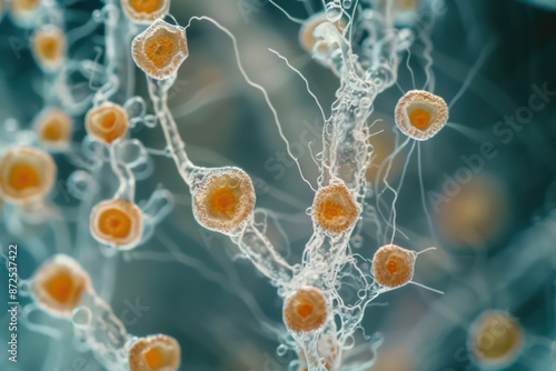 Macro photo of intricate fungal spores under a microscope, showcasing delicate structures and natural patterns, suitable for medical textbooks. Science, medical or microbiological background