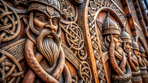 Detailed shot of patterns on Viking wooden carvings