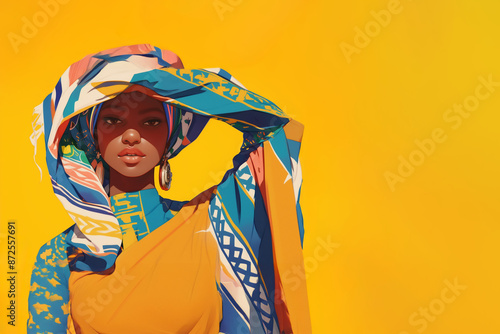 femme somalienne en tenue traditionnelle avec des boucles d'oreille créoles, se protégeant les yeux du soleil, avec un fond jaune vif espace négatif copyspace