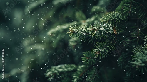 A close up of a christmas tree with snow falling.