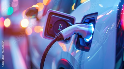 Power supply connected to electric vehicle charge battery. EV charging station for electric car or Plug-in hybrid car. Automotive innovation and technology concepts