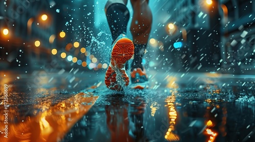 image of a runner's running shoe and ankle, capturing the moment they hit the ground hard as they propel themselves forward. Set on a city street with a perspective that stretches out towards 