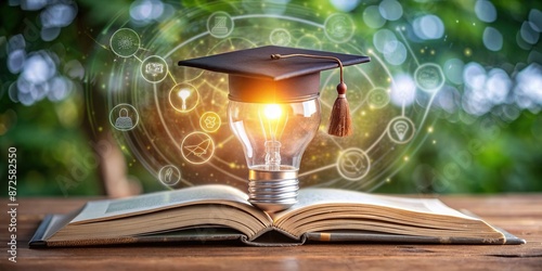 Illuminated lightbulb sits atop an open book with a graduation hat, surrounded by education icons, symbolizing online learning and e-degree achievements in digital courses.