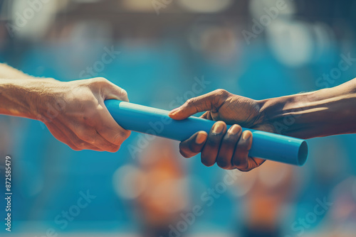 Passing the Relay Baton. Close-up of two hands passing the baton in a track and field race, A blurred background of a sports stadium