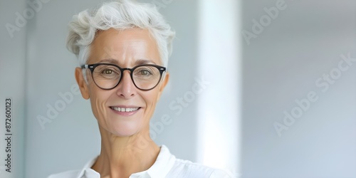 Elderly woman happily trying on glasses in optometry shop with diverse frames. Concept Eyeglasses Fitting, Elderly Woman, Optometry Shop, Diverse Frames, Happy Expression