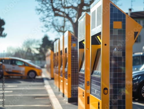 Solar powered parking ticket machines, integrated solar panels, urban environment, clear and sunny day, sustainable and efficient technology 