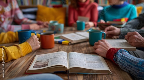 20. A group of teachers participating in a book club meeting, discussing educational literature, with coffee mugs and books on the table, in a cozy and inviting setting