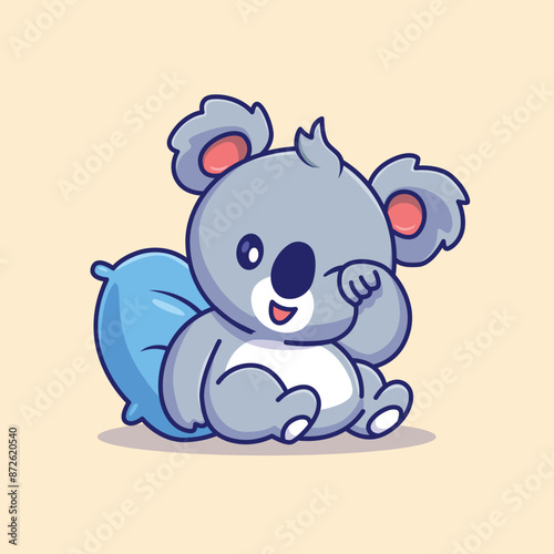 Cute Koala Lay On The Pillow Cartoon Vector Icon Illustration. Animal Nature Icon Concept Isolated Premium Vector. Flat Cartoon Style