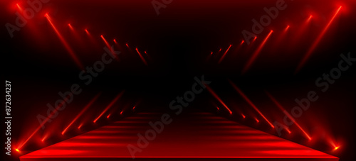 Fashion show runway with red lights on black background. Vector realistic illustration of long podium perspective illuminated with color floodlights, neon lamps glowing in smoke, catwalk design