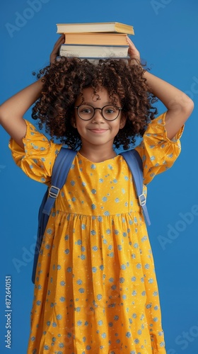 An African American girl with curly hair smiles while holding a stack of books against a bright blue background. She is wearing a yellow dress with a blue backpack. Back to school.