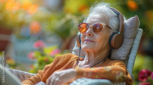 Senior in sunglasses. old age, retirement and people concept, happy senior woman with earphones listening to music at summer garden, woman, earphones, music. Generative AI.