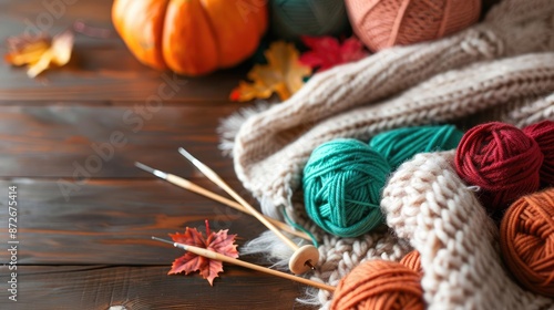 Autumn knitting supplies on a rustic table, colorful yarn, knitting needles, cozy setting