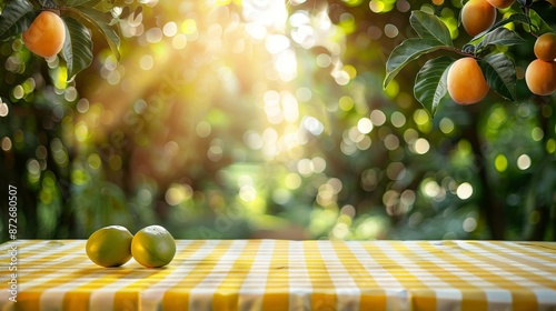 Yellow checkered tablecloth texture top view with abstract green bokeh from Marian plum garden or mango in summer morning background,space for text.