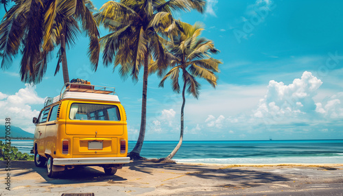 Expédition roadtrip et voyage avec un fourgon aménagé garé devant une plage avec des palmiers