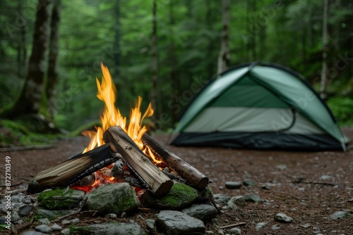 Cozy camping scene with tent and campfire in forest