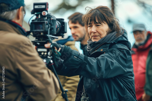 Mature female director guiding film crew during production shoot