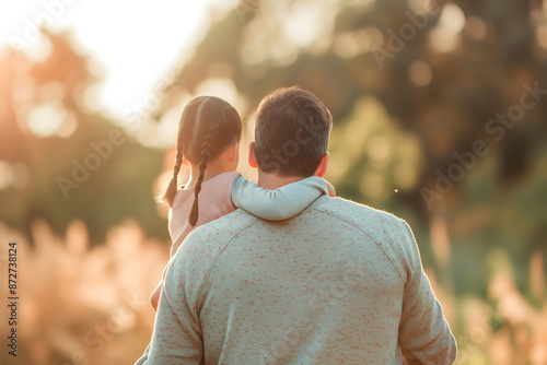 Father carries daughter in garden or meadow. Family relations. sunset. Back view.