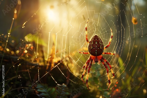 A cunning spider weaving its web to catch unsuspecting insects in a sunlit clearing.