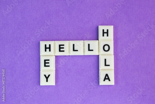 crossword alphabet letters with call words Hey Hola Hello. call to someone