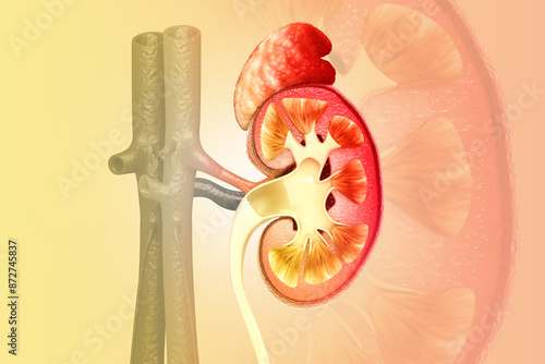 Human kidney medical diagram with a cross section, inner organ with arteries and adrenal gland, 3d illustration