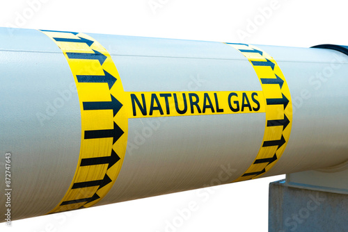Natural gas pipeline isolated on white background. Pipe with gas flow direction sign