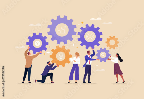 BusinessTeamwork concept. Contemporary flat style abstract vector illustration of a company of diverse people establishing a work process in the form of gears. Isolated on background