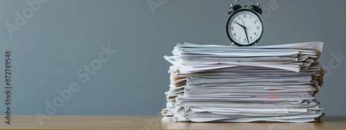 Stack of office documents with alarm clock on wooden table Concept of business Time management deadline ultimatum or work overload and stress during paperwork copy space for text 
