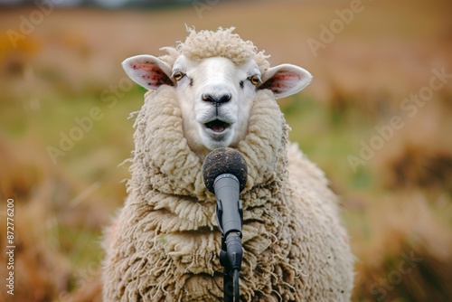 A sheep stands outdoors in a field, appearing to sing into a microphone, combining natural animal presence with the humorous concept of animals performing.