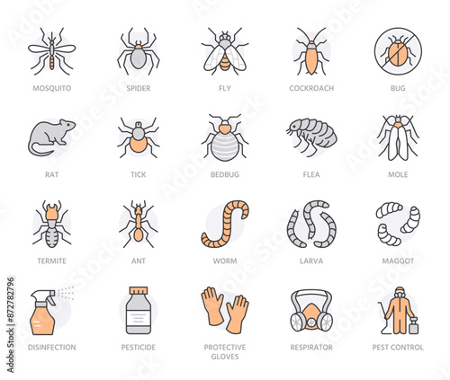 Pest control flat line icons set. Mosquito, spider, fly, cockroach, rat, termite, pesticide spray vector illustrations. Outline signs for disinfection service. Orange color. Editable Strokes