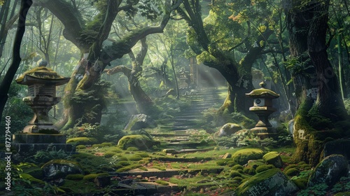 Enchanting forest with ancient trees, moss-covered paths, and hidden shrines, symbolizing the mystical and cultural beauty of nature and spirituality 