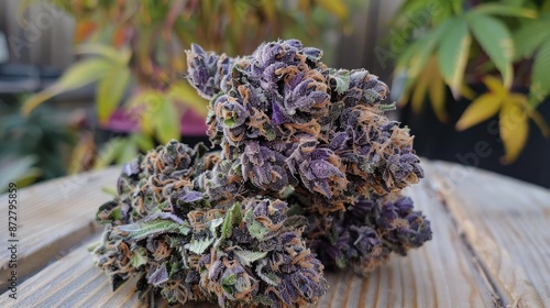 Close up of mature Ayahuasca Purple cannabis bud on harvest day with plants in the background