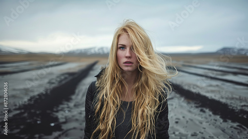 a long blonde haired female topmodel , standing in an empty landscape, facing the camera 