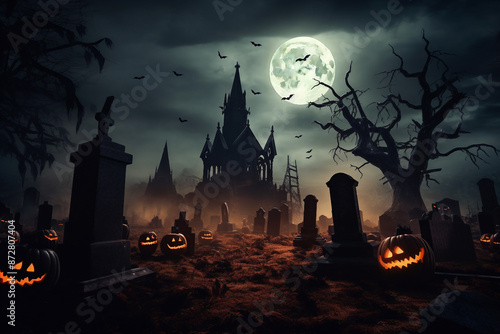 AI generated image of a mysterious dark cemetery at halloween night