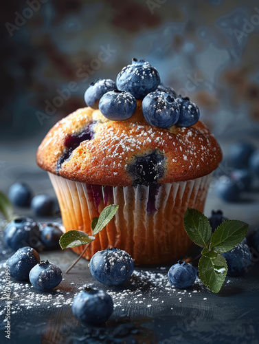 A delicious warm large blueberry muffin