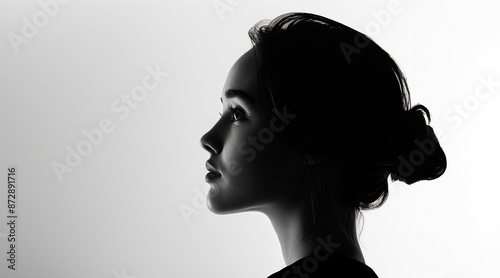 Black and white photo of side profile portrait of a woman, seamless white background, high contrast