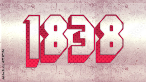 Cute 3d bold outline pink number design of 1838 on white background.