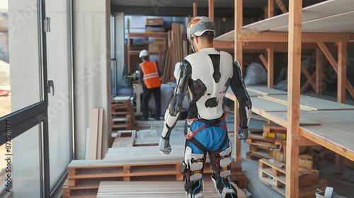 Worker in exoskeleton suit enhancing productivity at a construction site.