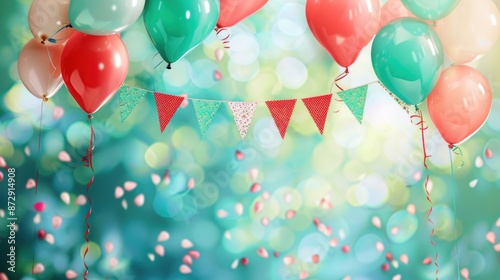 Festival celebration with green and red balloons, vibrant birthday banner, festive and bright theme
