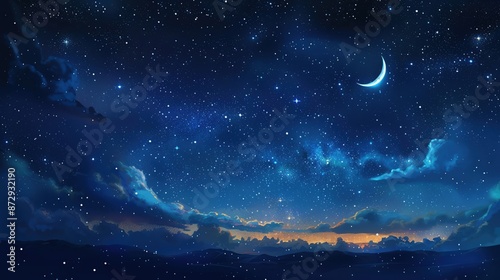 A magical night sky with glowing stars and a crescent moon, ample copy space